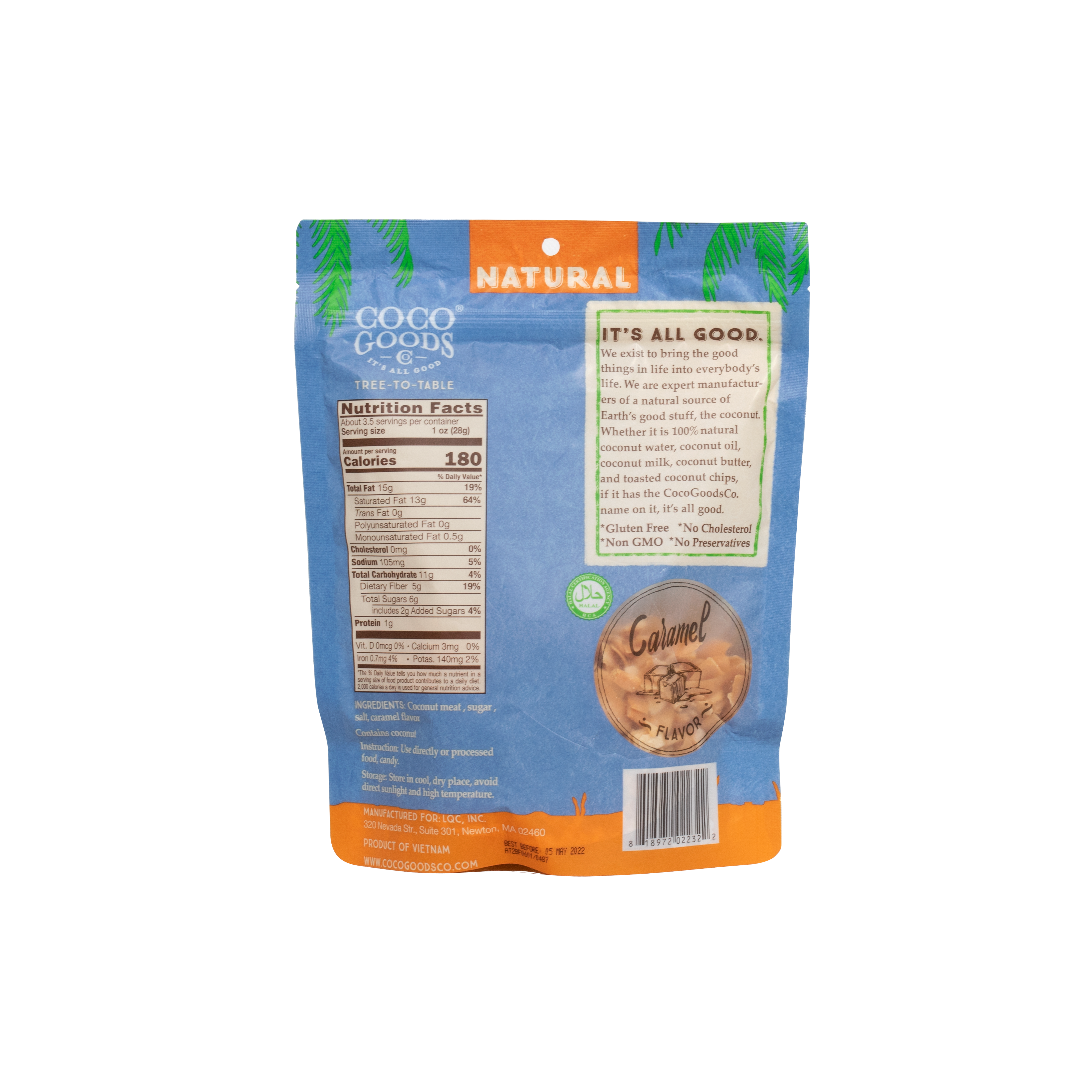Natural Toasted Coconut Chips, Caramel 3.5 oz Zip Lock Bag